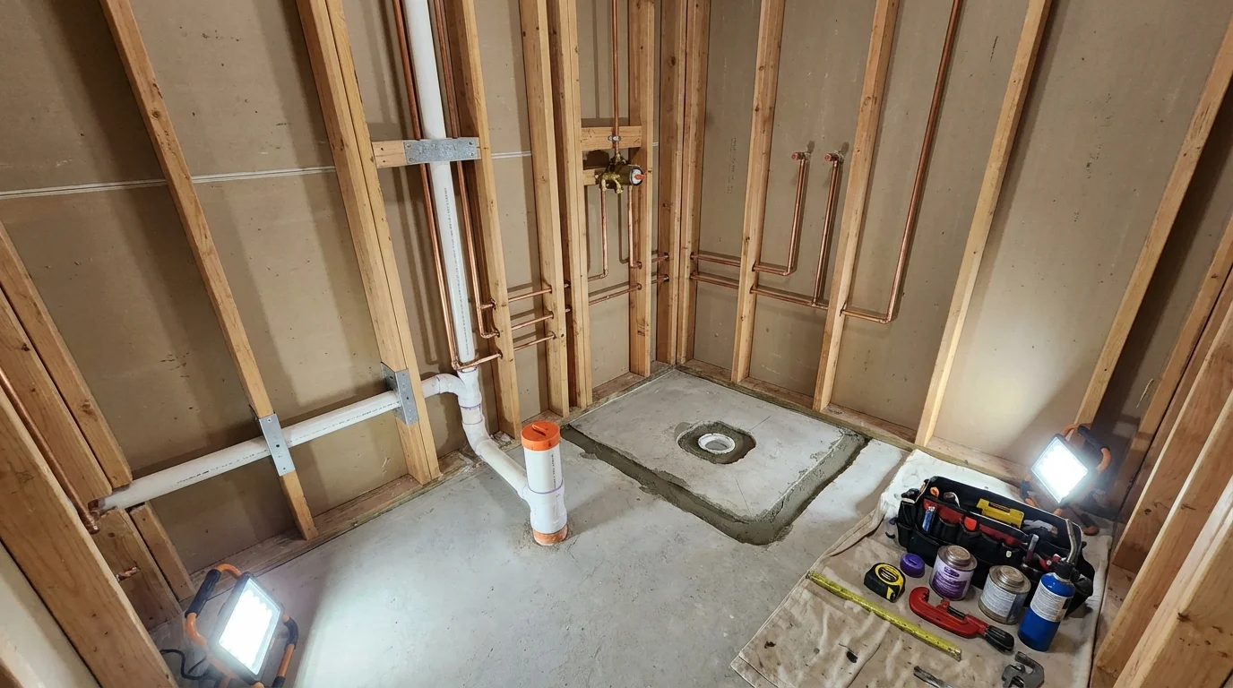 Bathroom rough-in plumbing during remodel by Johns Plumbing LLC in Rio Dell