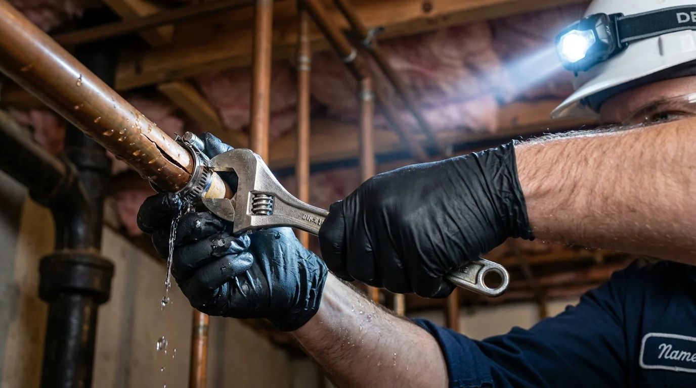 Emergency pipe clamp repair being performed by a Johns Plumbing LLC plumber in Rio Dell