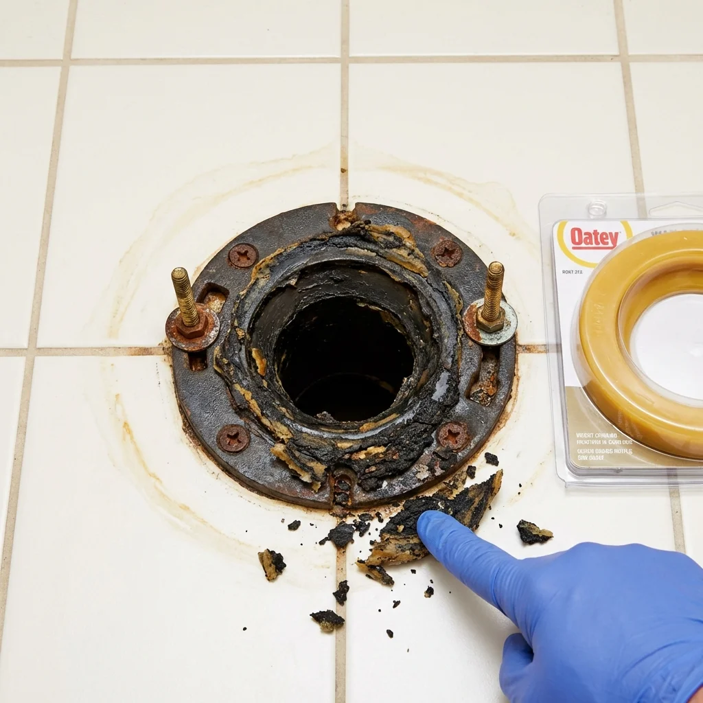 Failed wax ring showing water seepage at the base of a toilet in a Rio Dell, CA home