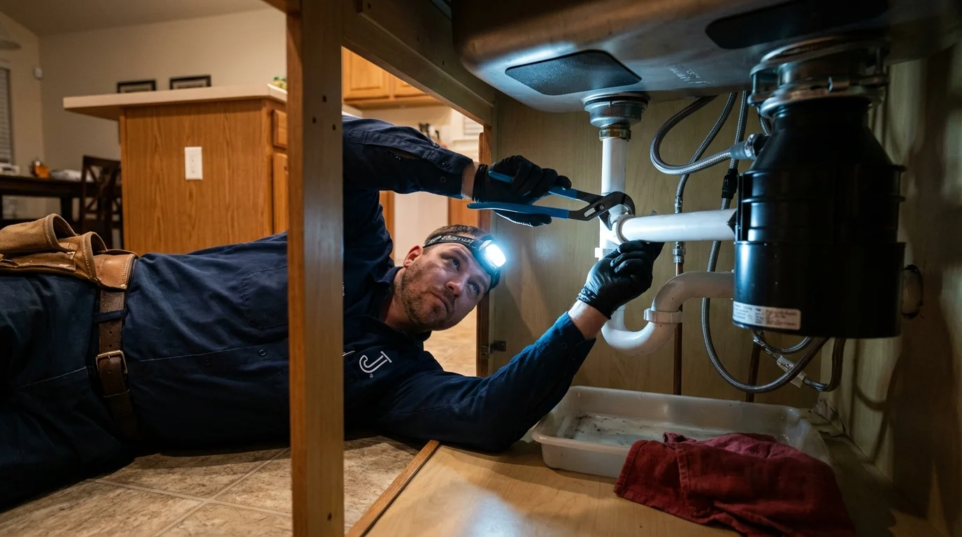 P-trap and supply line connections under a kitchen sink showing a common leak point in Rio Dell, CA
